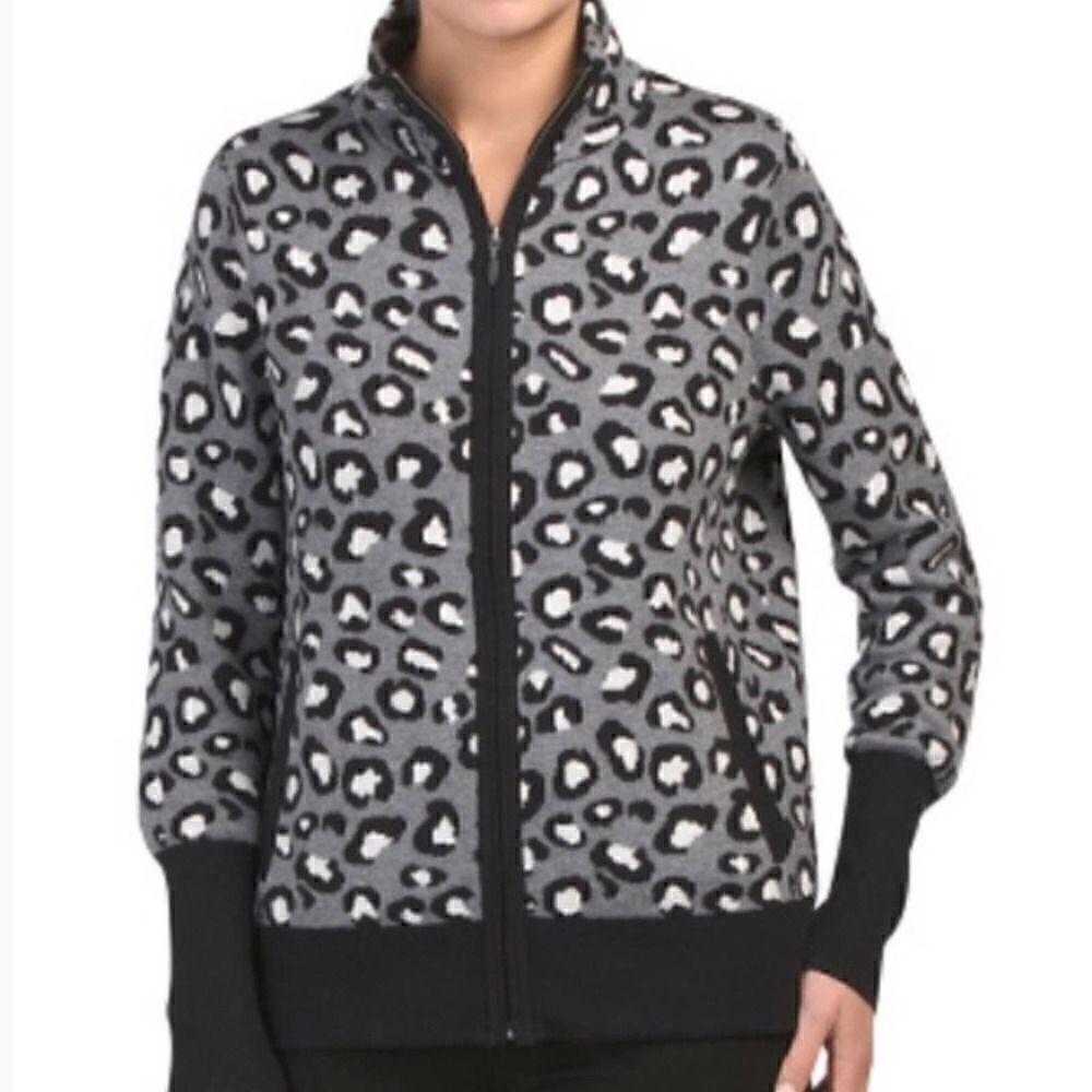 Rachel Zoe leopard/cheetah gray zip up sweater